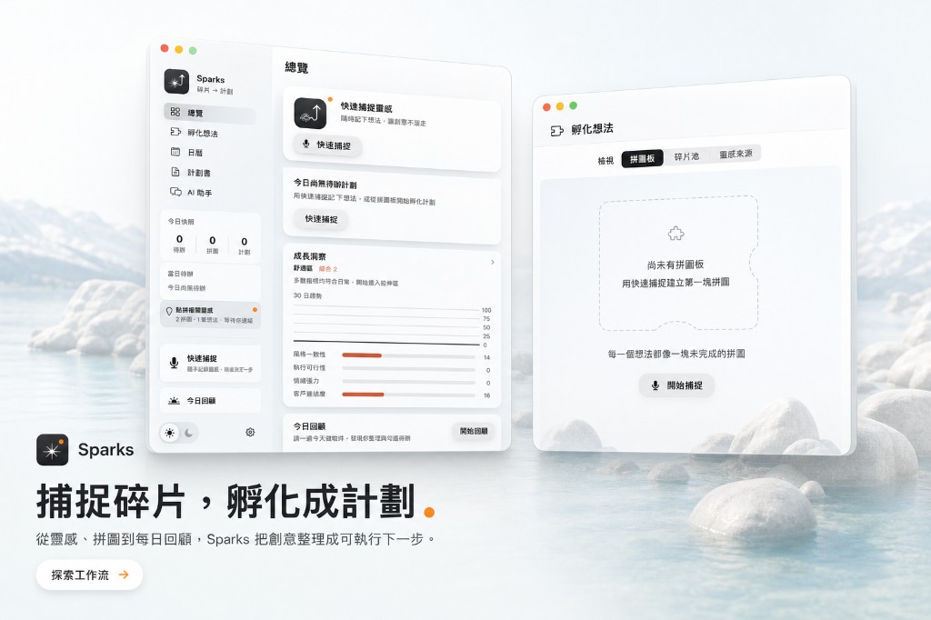 Sparks Mac 版介面:總覽儀表板同孵化想法拼圖板